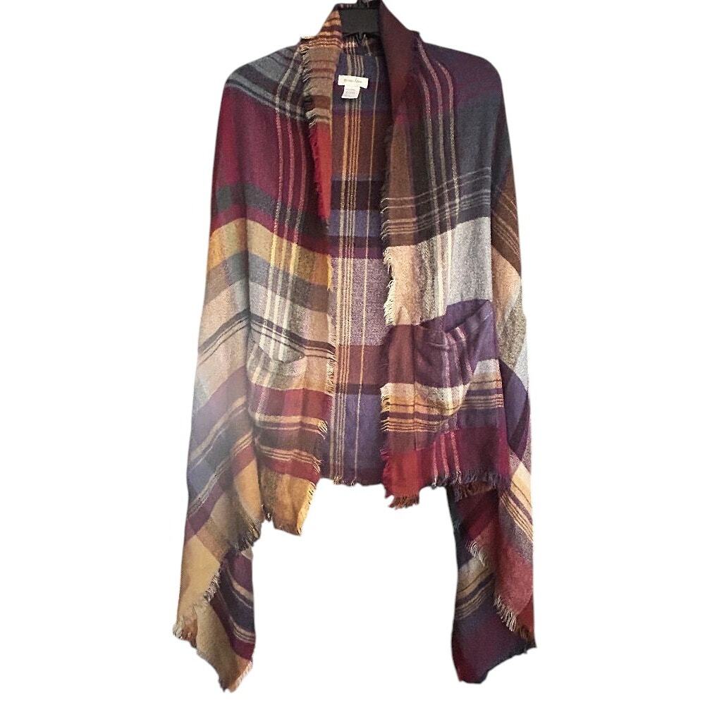 Grace & Lace Pocket Plaid Fringe Hem Poncho/Scarf/Shawl One Size Fits All